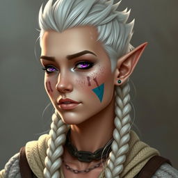 A semi-elf woman, around 30 years old, robust build, with white spiky hair styled in a crest and three braids (two in the front and one in the back) reaching her shoulders