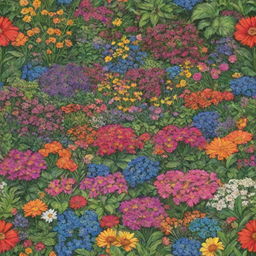 A lush, vibrant garden brimming with a variety of enchanting, brightly colored flowers in a cartoon style.