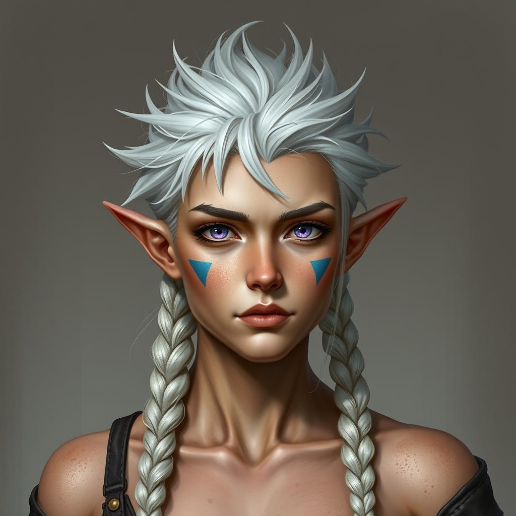 A semi-elf woman, around 30 years old, robust build, standing at 1