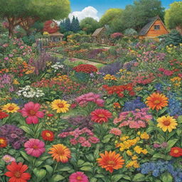 A lush, vibrant garden brimming with a variety of enchanting, brightly colored flowers in a cartoon style.