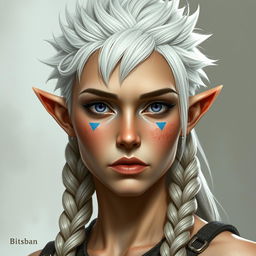 A semi-elf woman, around 30 years old, robust build, standing at 1