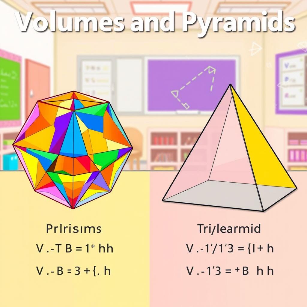 A colorful educational illustration that showcases the volumes of prisms and pyramids