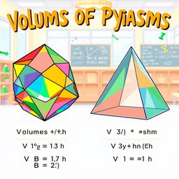 A colorful educational illustration that showcases the volumes of prisms and pyramids