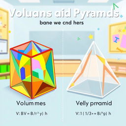 A colorful educational illustration that showcases the volumes of prisms and pyramids