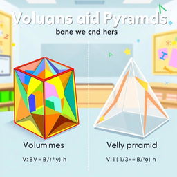 A colorful educational illustration that showcases the volumes of prisms and pyramids