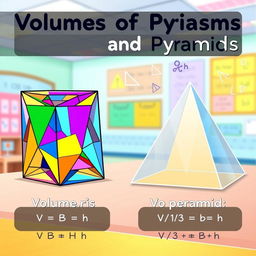 A colorful educational illustration that showcases the volumes of prisms and pyramids