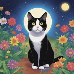 Cartoon image of Luna, the cat, noticing her vibrant garden flowers begin to glow in response to her positive qualities.