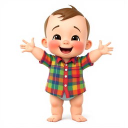 A cartoon-style 3D illustration of a 10-month-old baby boy standing with his legs and arms open, showcasing a joyful pose