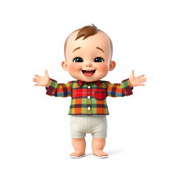 A cartoon-style 3D illustration of a 10-month-old baby boy standing with his legs and arms open, showcasing a joyful pose