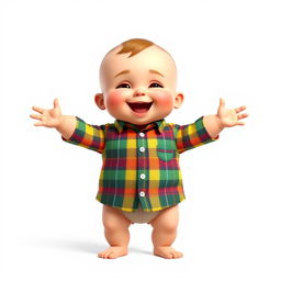 A cartoon-style 3D illustration of a 10-month-old baby boy standing with his legs and arms open, showcasing a joyful pose