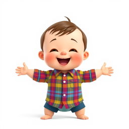 A cartoon-style 3D illustration of a 10-month-old baby boy standing with his legs and arms open, showcasing a joyful pose