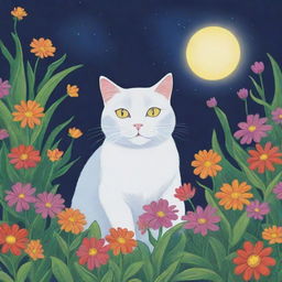 Cartoon image of Luna, the cat, noticing her vibrant garden flowers begin to glow in response to her positive qualities.