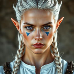 A semi-elf woman, around 30 years old, robust build, standing at 1