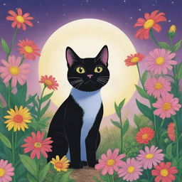 Cartoon image of Luna, the cat, noticing her vibrant garden flowers begin to glow in response to her positive qualities.