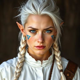 A semi-elf woman, approximately 30 years old, with a robust build, standing at 1