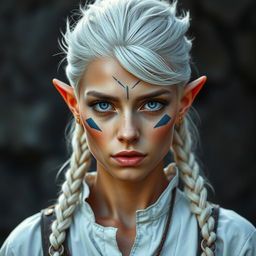 A semi-elf woman, approximately 30 years old, with a robust build, standing at 1