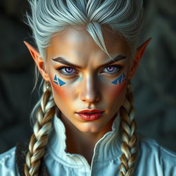 A semi-elf woman, around 30 years old, with a robust build and standing at 1