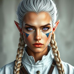 A semi-elf woman, around 30 years old, with a robust build and standing at 1