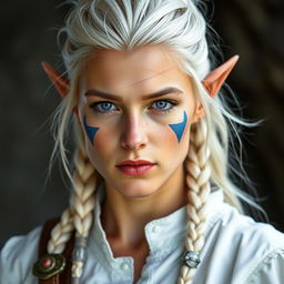 A semi-elf woman, around 30 years old, with a robust build and standing at 1