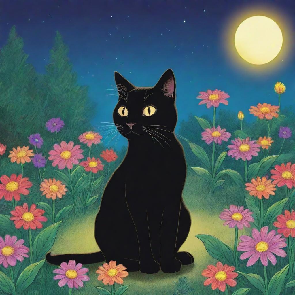 Cartoon image of Luna, the cat, noticing her vibrant garden flowers begin to glow in response to her positive qualities.