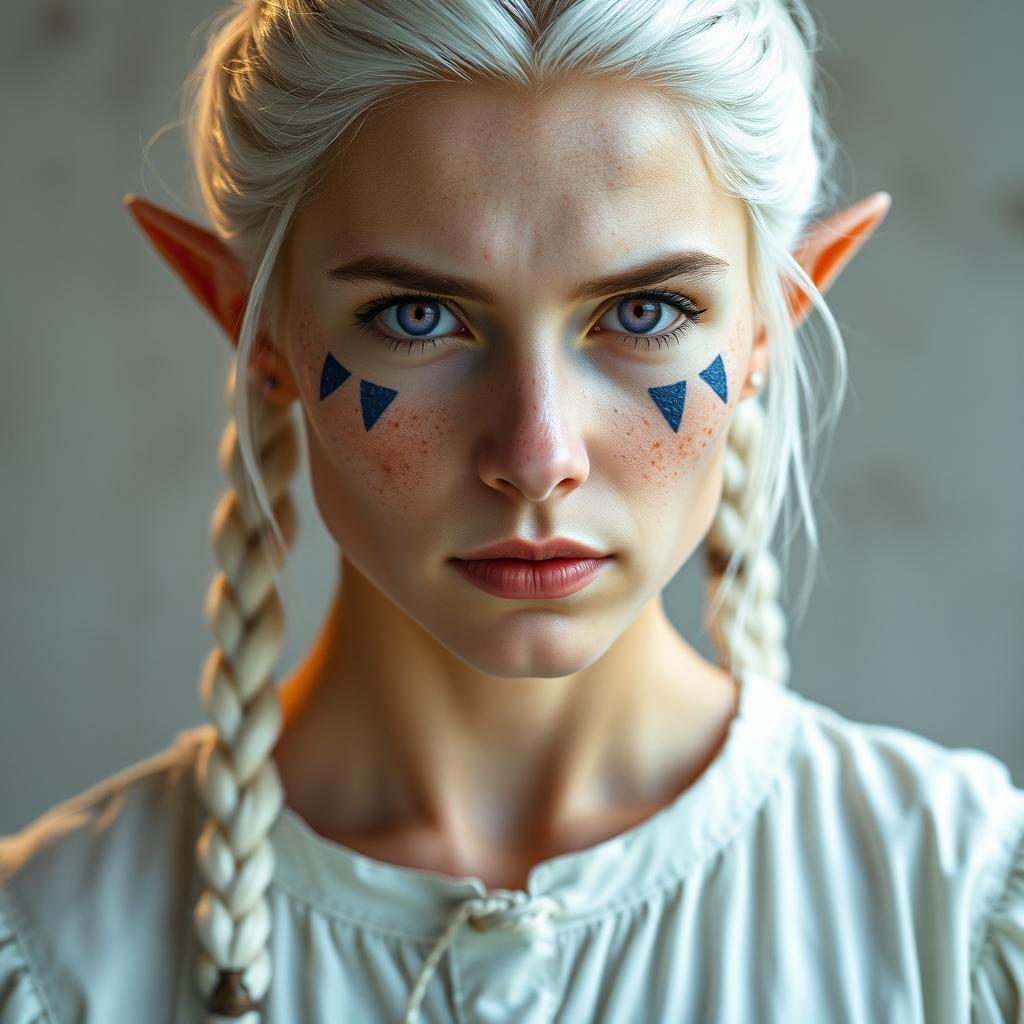 A semi-elf woman aged 30, robust with a height of 1