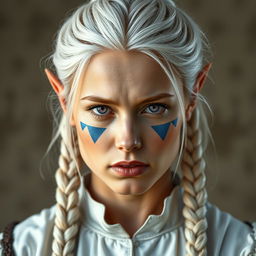 A semi-elf woman aged 30, robust with a height of 1