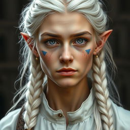 A semi-elf woman aged 30, robust with a height of 1