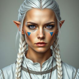 A semi-elf woman aged 30, robust with a height of 1