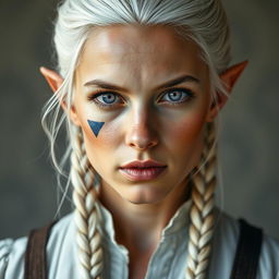 A semi-elf woman aged 30, robust with a height of 1