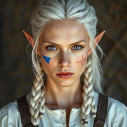 A semi-elf woman aged 30, robust with a height of 1