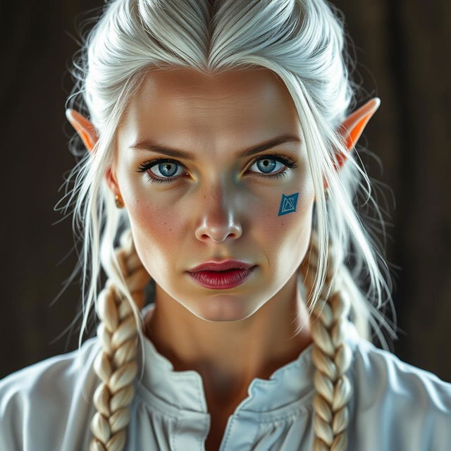 A semi-elf woman aged 30, robust with a height of 1