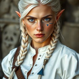 A semi-elf woman aged 30, robust with a height of 1