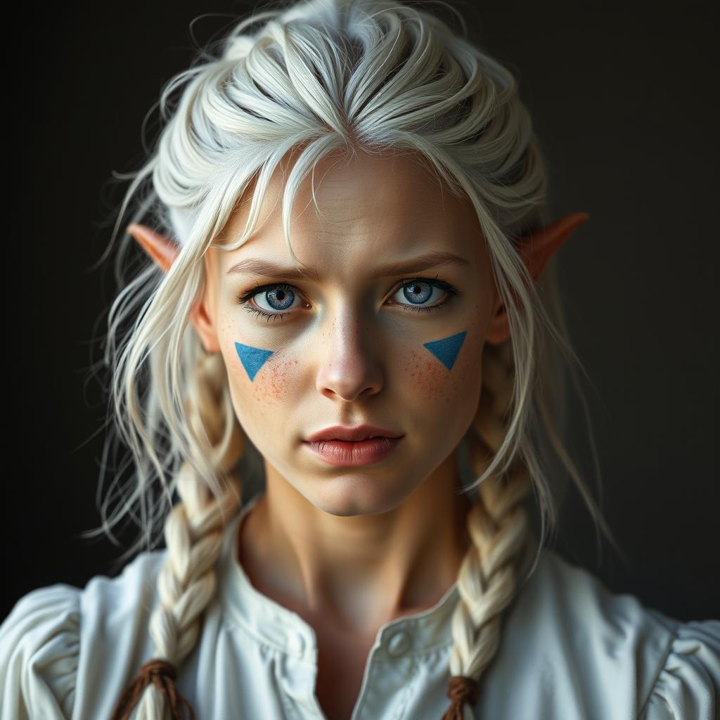 A semi-elf woman aged 30, robust with a height of 1