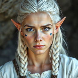 A semi-elf woman aged 30, robust with a height of 1