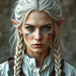 A semi-elf woman aged 30, robust with a height of 1