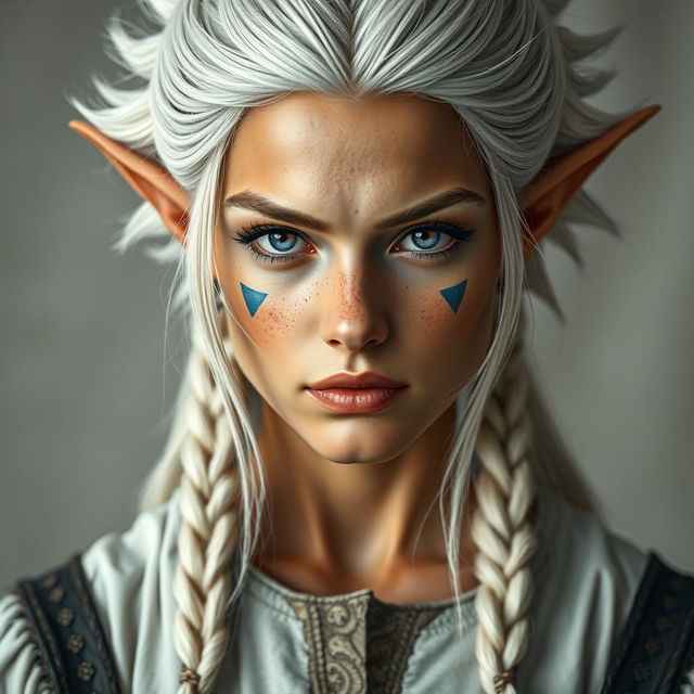 A semi-elf woman aged 30, robust with a height of 1