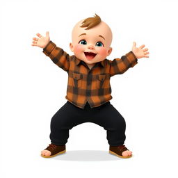 A cartoon-style 3D illustration of a 10-month-old baby boy standing with his legs and arms open in a joyful pose