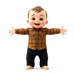 A cartoon-style 3D illustration of a 10-month-old baby boy standing with his legs and arms open in a joyful pose