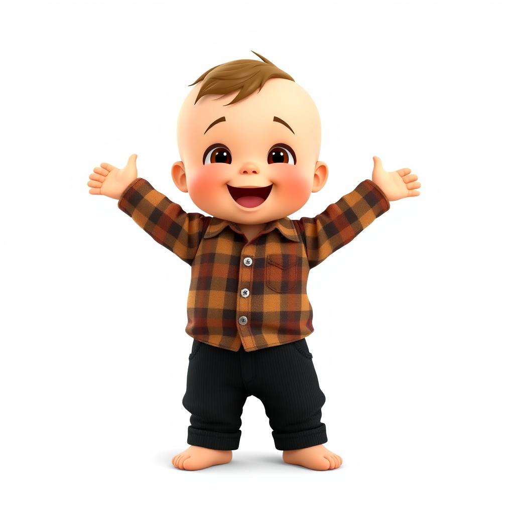 A cartoon-style 3D illustration of a 10-month-old baby boy standing with his legs and arms open in a joyful pose