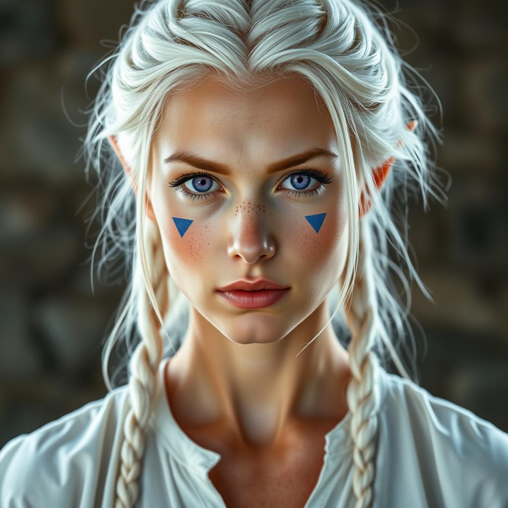 A semi-elf woman aged 30, robust with a height of 1