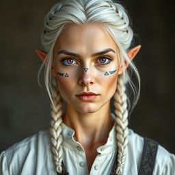 A semi-elf woman aged 30, robust with a height of 1