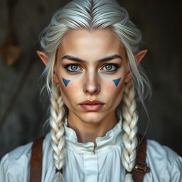 A semi-elf woman aged 30, robust with a height of 1