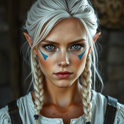 A semi-elf woman aged 30, robust with a height of 1