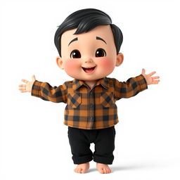 A cartoon 3D depiction of a 10-month-old baby boy standing with his legs and arms open in a playful pose