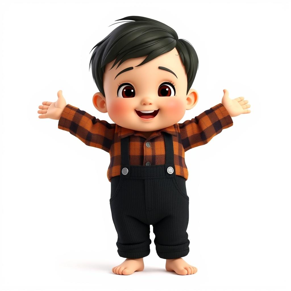 A cartoon 3D depiction of a 10-month-old baby boy standing with his legs and arms open in a playful pose