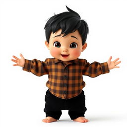 A cartoon 3D depiction of a 10-month-old baby boy standing with his legs and arms open in a playful pose