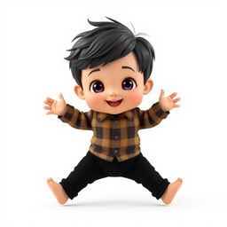 A cartoon 3D depiction of a 10-month-old baby boy standing with his legs and arms open in a playful pose