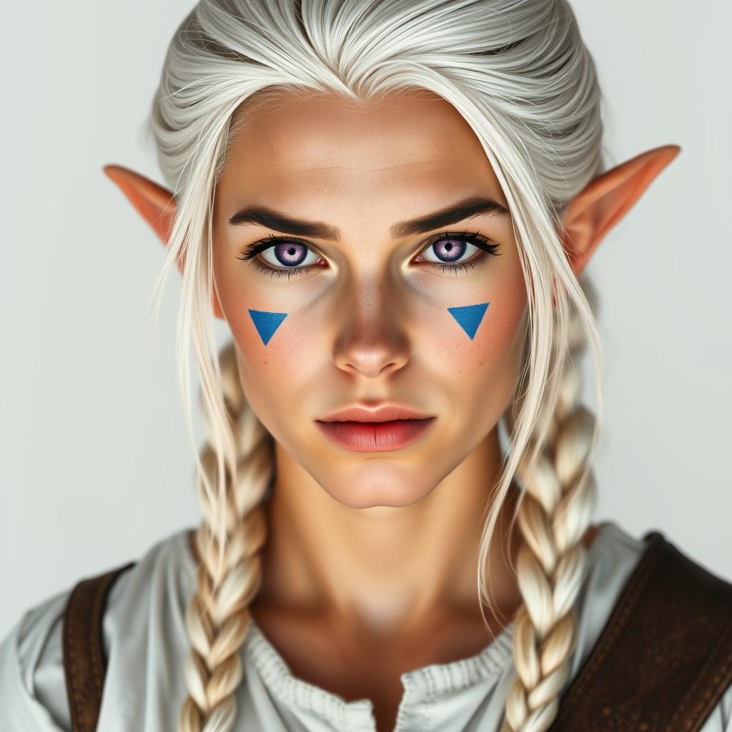 A semi-elf woman aged 30, robust with a height of 1