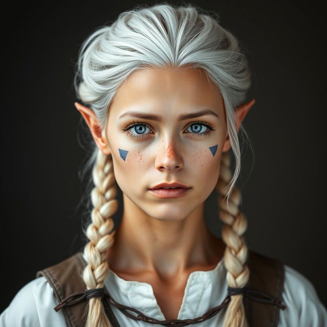 A semi-elf woman aged 30, robust with a height of 1