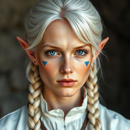 A semi-elf woman aged 30, robust with a height of 1